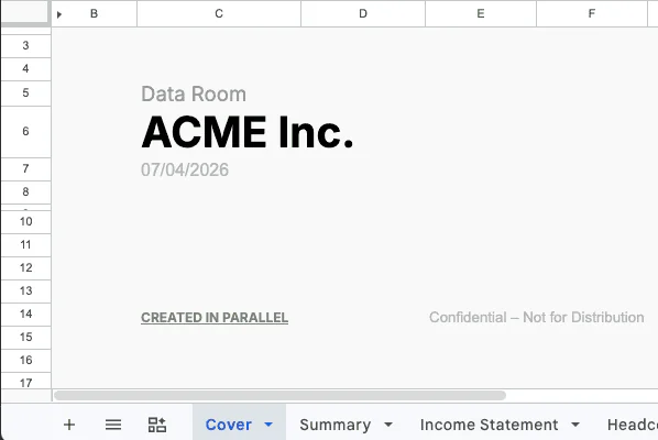 Data room spreadsheet with cover, summary and income statement tabs