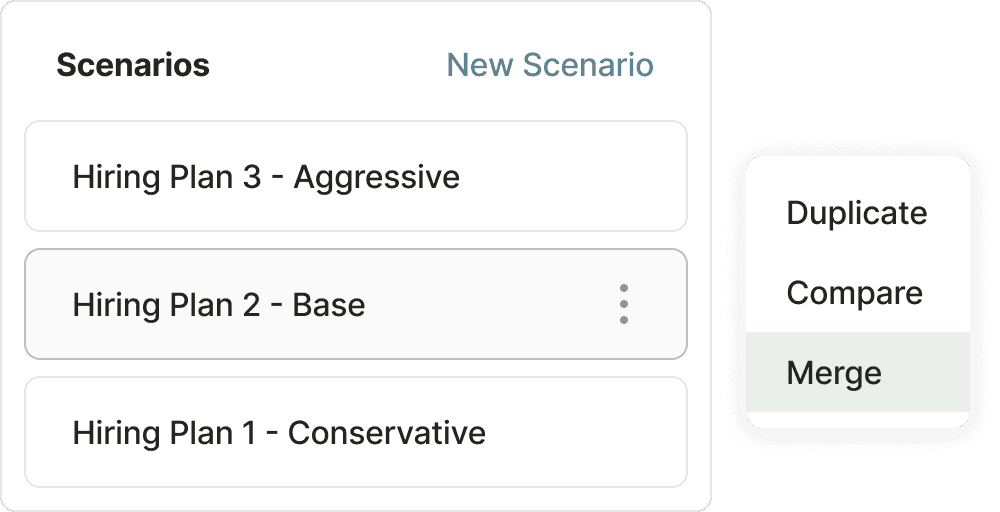 Hiring plan scenarios with duplicate, compare and merge actions