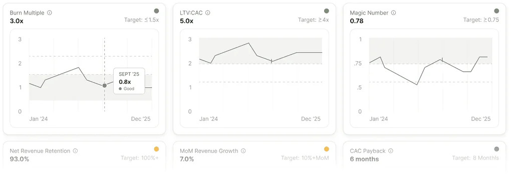 Burn multiple, LTV:CAC and magic number charts against benchmark targets