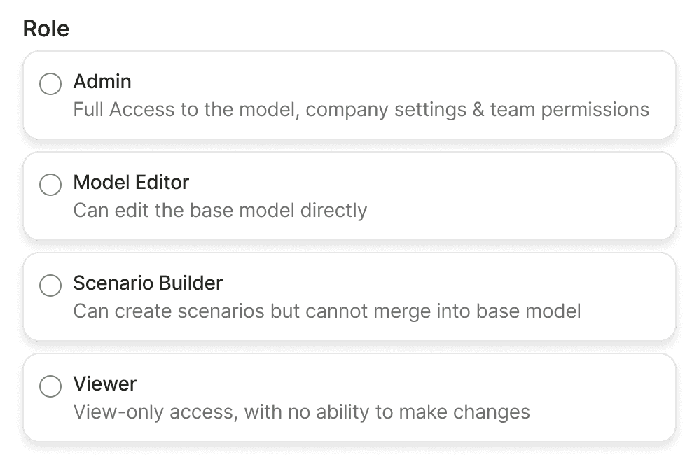 Role options: Admin, Model Editor, Scenario Builder and Viewer