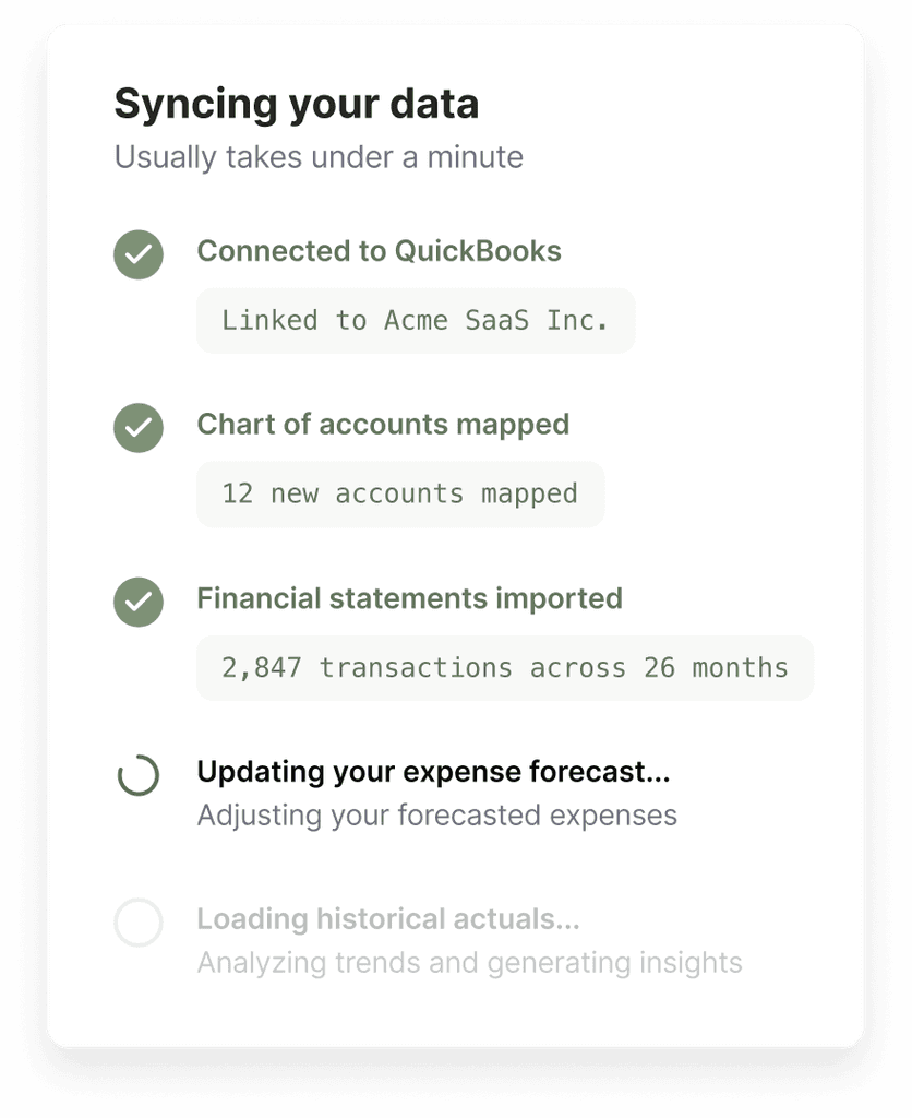 Sync progress: QuickBooks connected, chart of accounts mapped and financial statements imported